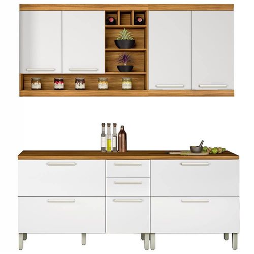 Cozinha Completa Nesher Burguesa Premium em MDF com 7 Portas, 4 Gavetas e 12 Prateleiras - 200cm de largura Freijo/Branco