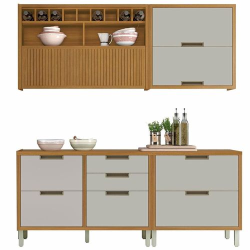 Cozinha Completa em MDF Nesher Imperatriz com 5 Portas 5 Gavetas e 8 Prateleiras - 270cm de largura Freijo/Off White