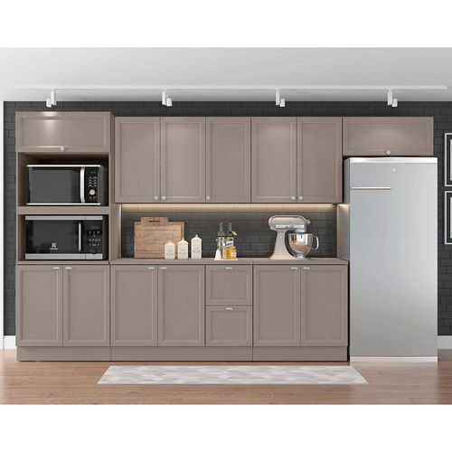 Cozinha Completa Poliman Unna com 13 Portas, 2 Gavetas e 5 Prateleiras - 350cm de largura Fumê