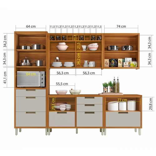 Cozinha Completa em MDF Nesher Imperatriz com 7 Portas 8 Gavetas e 11 Prateleiras - Freijo/Off White 270cm