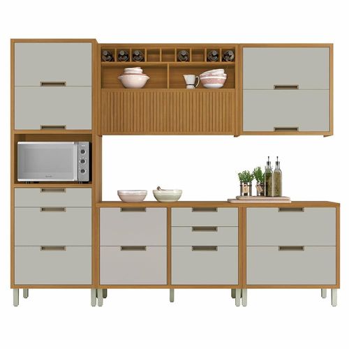 Cozinha Completa em MDF Nesher Imperatriz com 7 Portas 8 Gavetas e 11 Prateleiras - Freijo/Off White 270cm