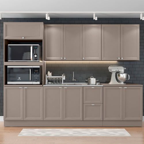 Cozinha Completa Poliman Unna com 6 Peças, 12 Portas, 5 Prateleiras e Balcão + Pia Ghelplus King com Válvula - 120x53cm Fumê
