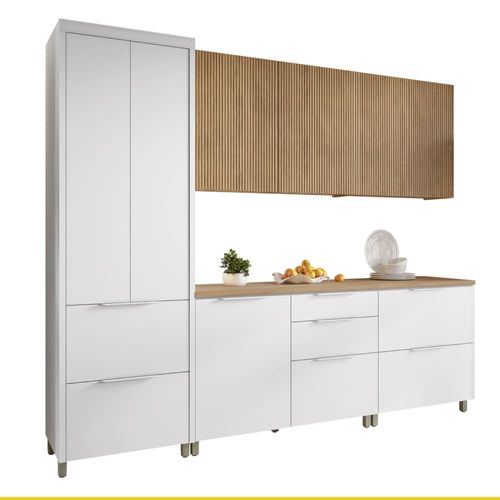 Cozinha Completa em MDF Nesher Paris Ripada com 270 cm de Largura, 8 Portas, 6 Gavetas e 12 Prateleiras - Branco/Nature