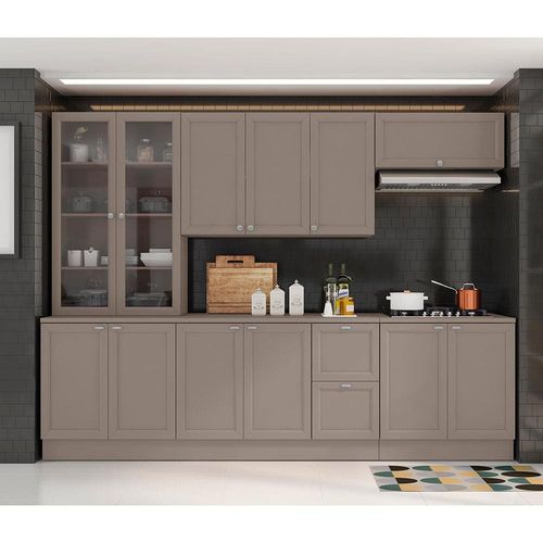 Cozinha Completa Poliman Unna com 12 Portas, 2 Gavetas, 7 Prateleiras e Cristaleira - 270cm de largura - Fumê