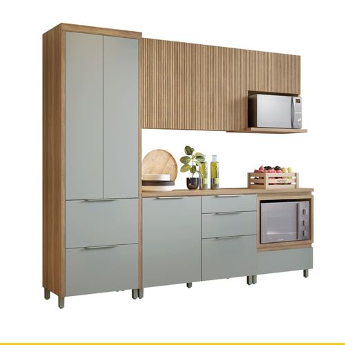 Cozinha Completa em MDF Nesher Paris Ripada com 260 cm de Largura, 6 Portas, 6 Gavetas e 10 Prateleiras - Verde/Nature