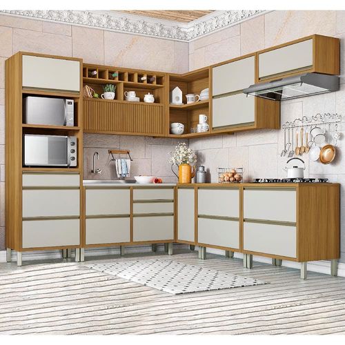 Cozinha Completa em MDF Nesher Baronesa com 9 Portas 9 Gavetas e 17 Prateleiras - Freijo/Offwhite