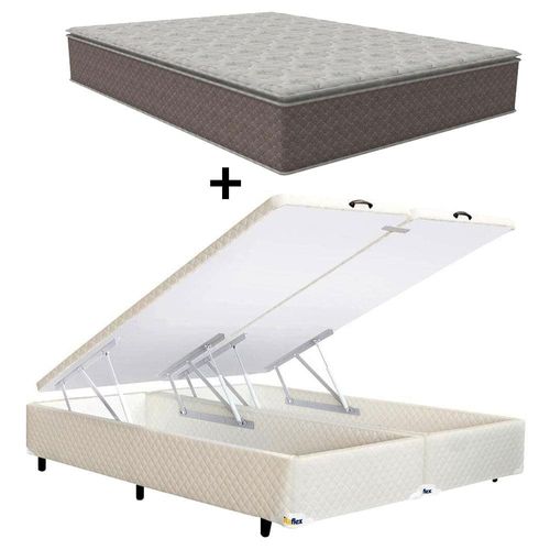 Colchão Queen Size Umaflex Berlim com Pillow Top e Molas Ensacadas + Base Box Itaflex Universal com Baú 70,5x158x198cm - Castor/Branco/Bege