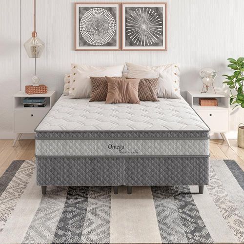 Cama Box Queen Size Herval Ômega com Pillow Top e Molas Ensacadas 61x158x198cm - Cinza/Branco