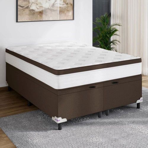 Cama Box Baú Queen Size Portobel Noah Ortopédico com Molas Ensacadas, EPS e Revestimento em Poliéster 70x158x198cm - Branco/Marrom