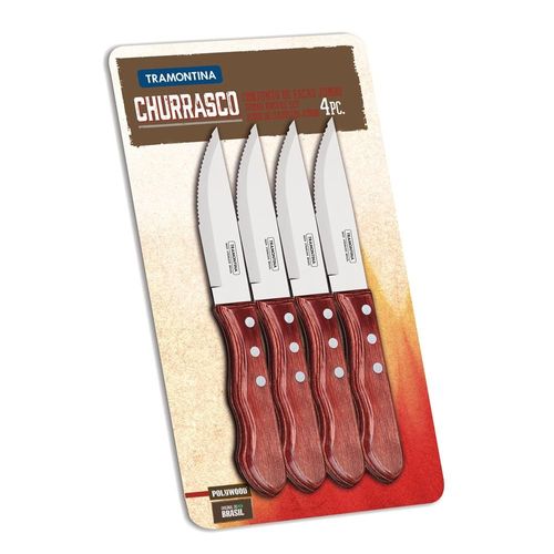 Conjunto de Facas 5" para Churrasco Tramontina Polywood em Aço Inox e Madeira - 4 Peças