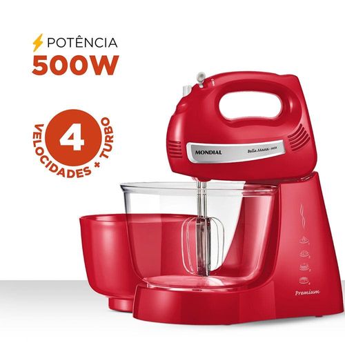 Batedeira Mondial Premium Bella Massa Inox B-29 NP com 4 Velocidades e 500W – Vermelha 220V