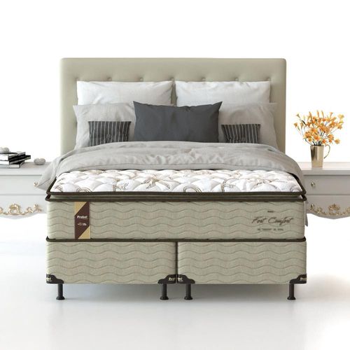 Cama Box King Size Probel Fort Comfort com Pillow Top e Molas Prolastic 72x193x203cm - Branco/Bege