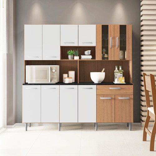 Cozinha Compacta Poliman Móveis Clara com 12 Portas e 1 Gaveta - 180cm de largura Carvalho/Branco