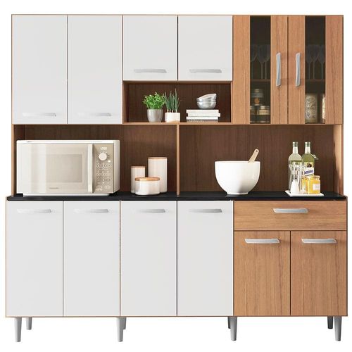 Cozinha Compacta Poliman Móveis Clara com 12 Portas e 1 Gaveta - 180cm de largura Carvalho/Branco