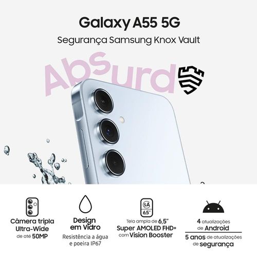 Smartphone Samsung Galaxy A55 5G 128GB Azul Escuro 8GB RAM Câmera Tripla Traseira de até 50MP Selfie de 32MP Tela Super AMOLED 6.6"