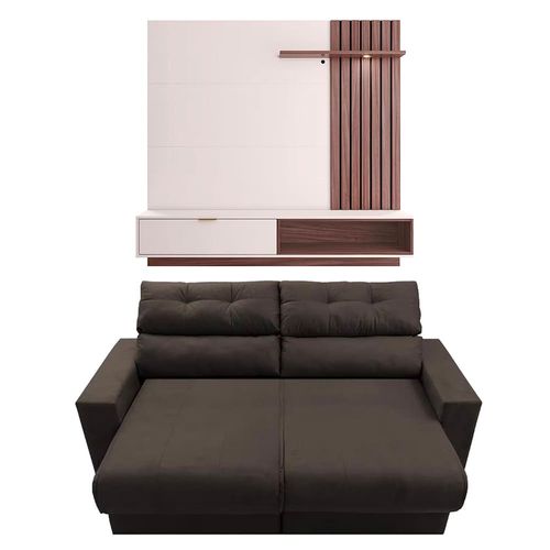 Sofá 3 lugares Cama Inbox Clean Reclinável - 190 cm de largura + Painel Home Suspenso Colibri Tocantins com 160 cm de largura para TVs de até 60" Café