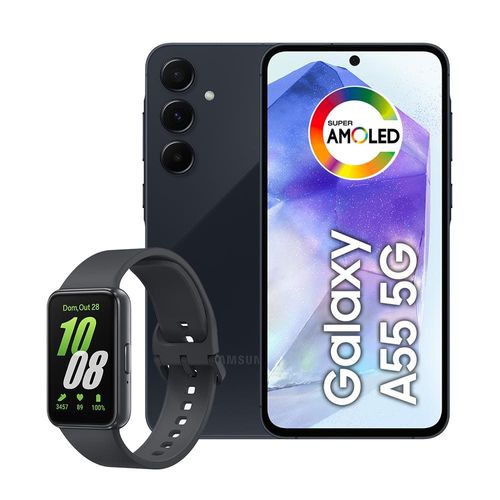 Smartphone Samsung Galaxy A55 5G 256GB Azul Escuro 8GB RAM Câmera Tripla, Tela de 6.6" + Pulseira Galaxy Fit3 Grafite Display de 1.6 AMOLED