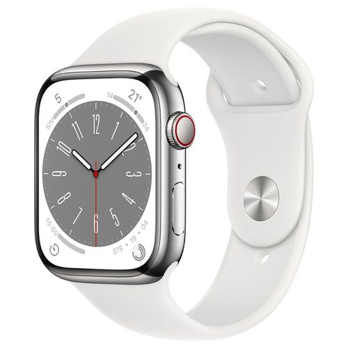 Apple Watch Series 8 GPS + Cellular Caixa Prateada de Aço Inoxidável 45 mm Pulseira Esportiva Branca