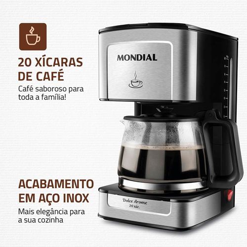 Cafeteira Elétrica Mondial Dolce Arome Vidro C-43-20X-SI 20 Xícaras 550W – Preto/Inox 110V