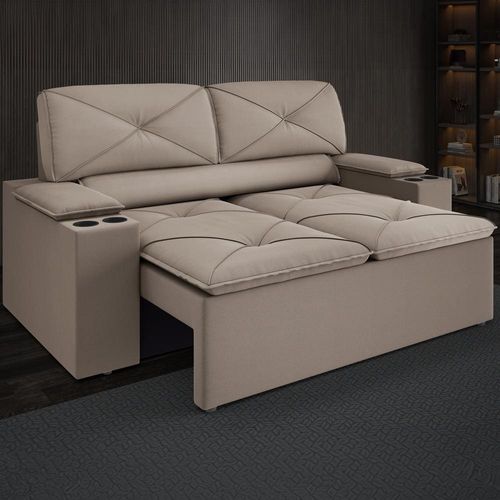 Sofá 2 lugares DDS Next Pop com Assento Retrátil e Encosto Reclinável em Veludo Suede com porta copos - 154 cm de largura Capuccino