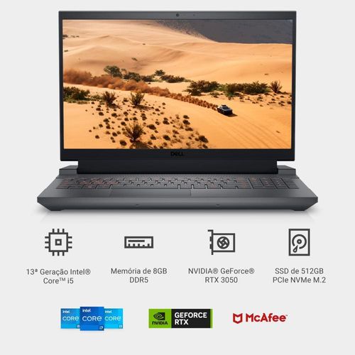 Notebook Gamer Dell G15 com processador Intel Core i5 de 13ª Geração, 8GB RAM, 512 GB SSD, Tela Full HD de 15.6" e Windows 11 - G15-i1300-A25P