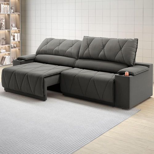 Sofá 3 Lugares DDS Glamour Retrátil/Reclinável com 230 cm de Largura e Revestido em Veludo Suede Cinza