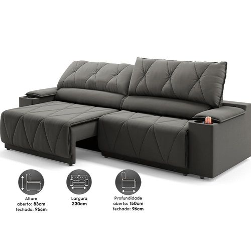 Sofá 3 Lugares DDS Glamour Retrátil/Reclinável com 230 cm de Largura e Revestido em Veludo Suede Cinza