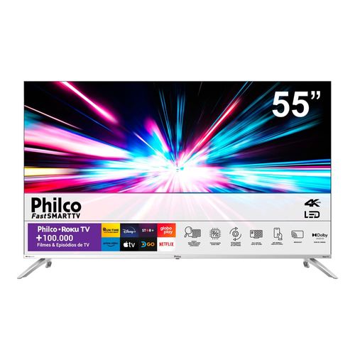 Smart TV 55” Philco Ultra HD 4K V55G7PR2CSB com processador Quad-Core, Dolby Digital, HDMI, USB, Wi-Fi e Roku TV