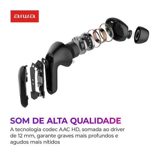 Fone de Ouvido Aiwa Earbud AWS-EB-01-B Bluetooth IPX5 ANC Modo Ambiente - Preto