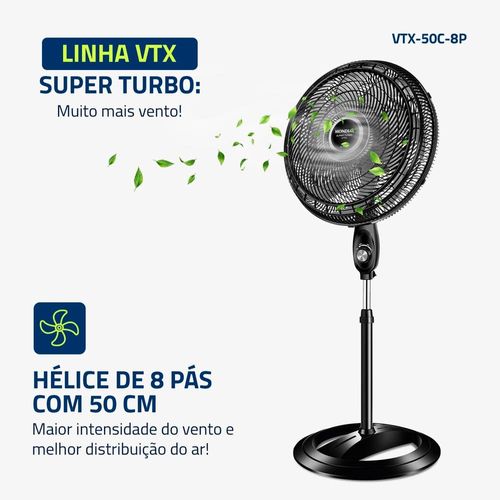 Ventilador de Coluna Mondial Turbo VTX-50C-8P 50cm, 8 pás, 150W - Preto 110V