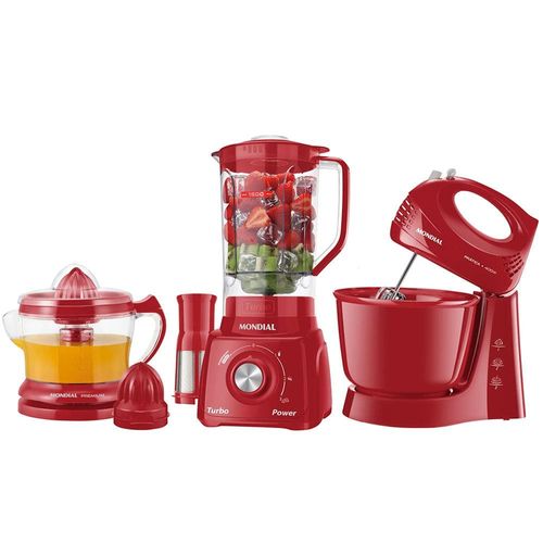 Conjunto Especial Mondial KT-105-R (Espremedor Premium + Batedeira Prática + Liquidificador Turbo Power) - Vermelho 110V