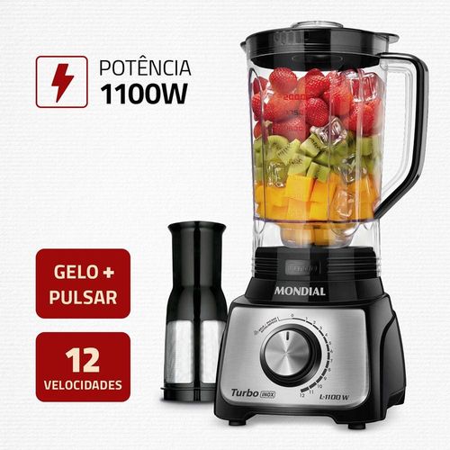 Liquidificador Mondial Turbo L-1100 com 12 Velocidades 1100W - Preto/Inox 110v