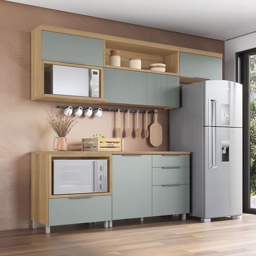 Cozinha Compacta Nesher Marquesa com 4 Portas, 4 Gavetas e 4 Prateleiras – 280cm de Largura Verde