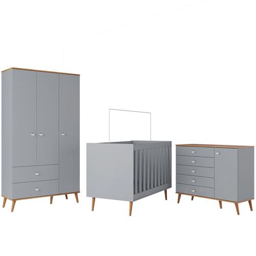 Guarda-Roupa Bartira Ternura com 3 Portas, 2 Gavetas + Cômoda Ternura com 5 Gavetas e 1 Porta + Berço Mini Cama Móveis Estrela Ternura Azul Wood