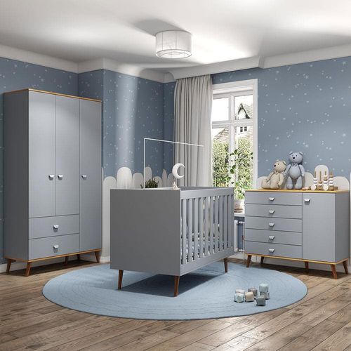 Guarda-Roupa Bartira Ternura com 3 Portas, 2 Gavetas + Cômoda Ternura com 5 Gavetas e 1 Porta + Berço Mini Cama Móveis Estrela Ternura Azul Wood