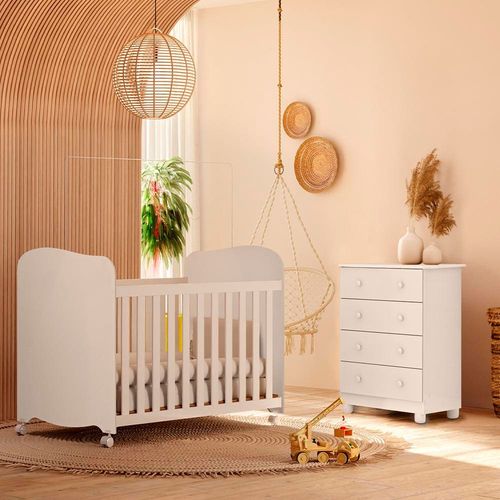 Berço Americano + Cômoda Infantil Peroba Duda Plus com 4 Gavetas - 65,1cm de largura Branco