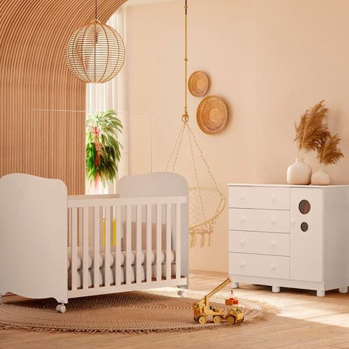 Berço Americano + Cômoda Infantil Peroba Duda Plus com 1 Porta, 4 Gavetas e 1 Prateleira - 95,3cm de largura Branco