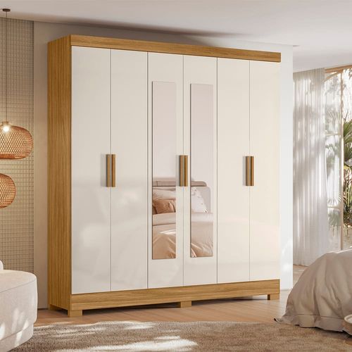 Guarda-Roupa Moval Valença com Espelho, 6 Portas, 2 Gavetas e 6 Prateleiras – 1,95cm de Largura Freijó e Off White