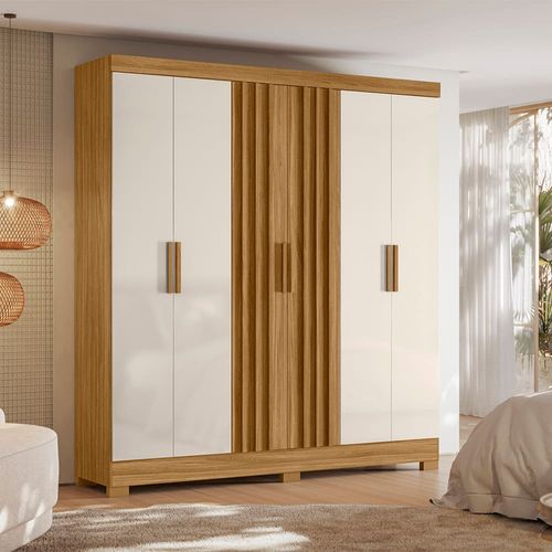 Guarda-Roupa de Casal Moval Valença com 6 portas, 2 gavetas, 6 prateleiras - 195cm de largura Freijó e Off-white Ripado