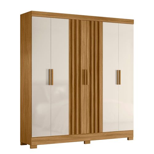 Guarda-Roupa de Casal Moval Valença com 6 portas, 2 gavetas, 6 prateleiras - 195cm de largura Freijó e Off-white Ripado
