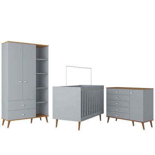 Guarda-Roupa Bartira Ternura com 5 Nichos, 2 Portas, 2 Gavetas + Cômoda Ternura com 5 Gavetas e 1 Porta + Berço Móveis Estrela Ternura - Azul Wood