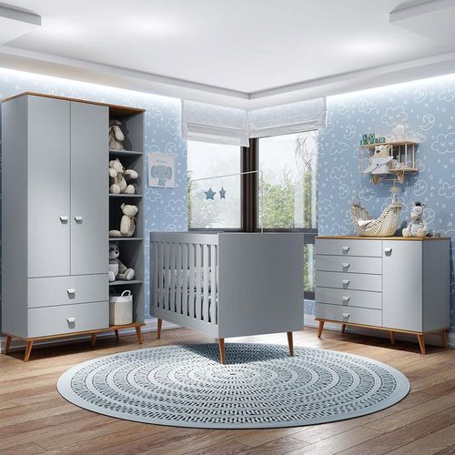 Guarda-Roupa Bartira Ternura com 5 Nichos, 2 Portas, 2 Gavetas + Cômoda Ternura com 5 Gavetas e 1 Porta + Berço Móveis Estrela Ternura - Azul Wood