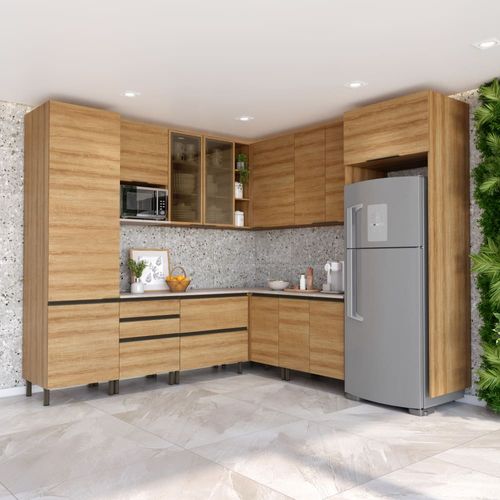 Cozinha Bartira Cristal com 14 Portas, 3 Gavetas, 13 Prateleiras e Nicho para Micro-ondas - 301,8cm de Largura Lâmina Mel
