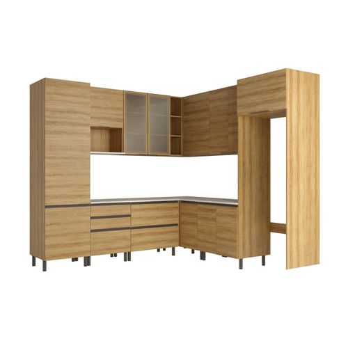 Cozinha Bartira Cristal com 14 Portas, 3 Gavetas, 13 Prateleiras e Nicho para Micro-ondas - 301,8cm de Largura Lâmina Mel