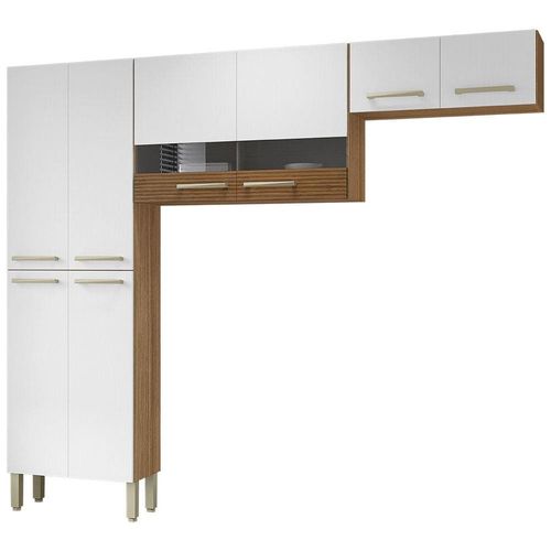 Cozinha Compacta Kit`s Paraná Nala com 8 Portas e 4 Prateleiras - 222cm de largura Freijó/Patina/Ripado
