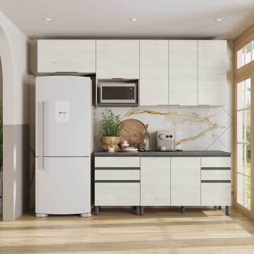 Cozinha Bartira Cristal com 7 Portas, 6 Gavetas, 4 Prateleiras e Nicho para Micro-ondas - 260cm de Largura Freixo