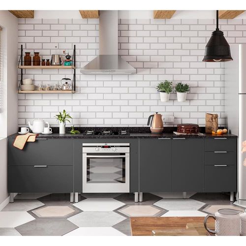 Cozinha Compacta Bartira Rubi com 2 Portas, 5 Gavetas e 1 Prateleira - 280,3cm de largura Branco/Grafite