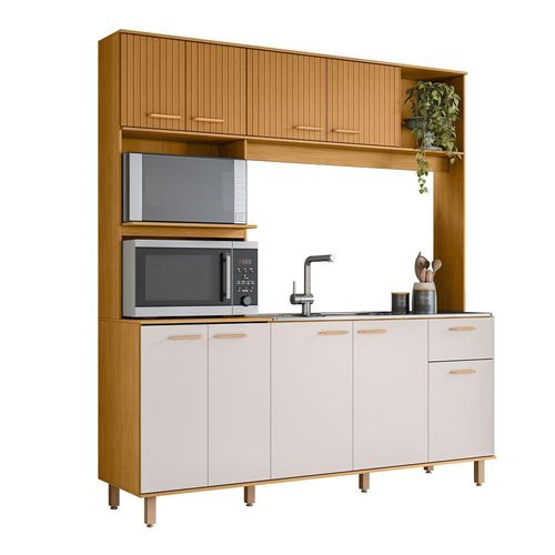 Cozinha Compacta Poliman Liz 9 Portas, 1 Gaveta e 3 Prateleiras - 180cm de largura Freijó e Off White