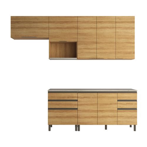 Cozinha Bartira Cristal com 7 Portas, 6 Gavetas, 4 Prateleiras e Nicho para Micro-ondas - 260cm de Largura Lâmina Mel