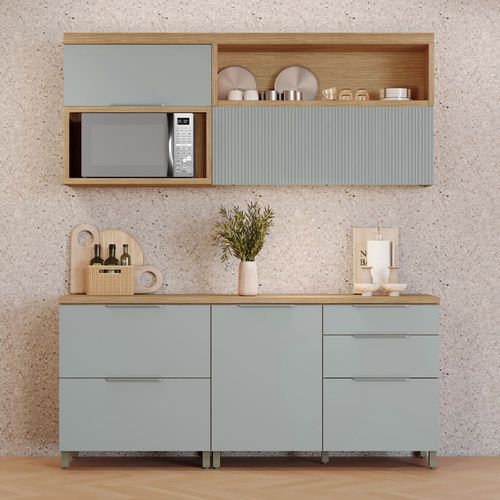Cozinha Compacta Nesher Marquesa com 4 Portas, 4 Gavetas e 3 Prateleiras – 200 cm de Largura Nature e Verde